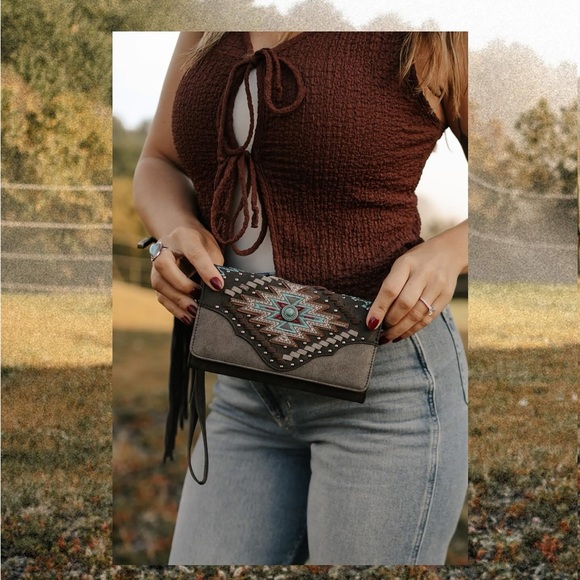 NWOT Montana West Charcoal and Turquoise Embellished Fringe Tote Bag - Picture 3 of 13